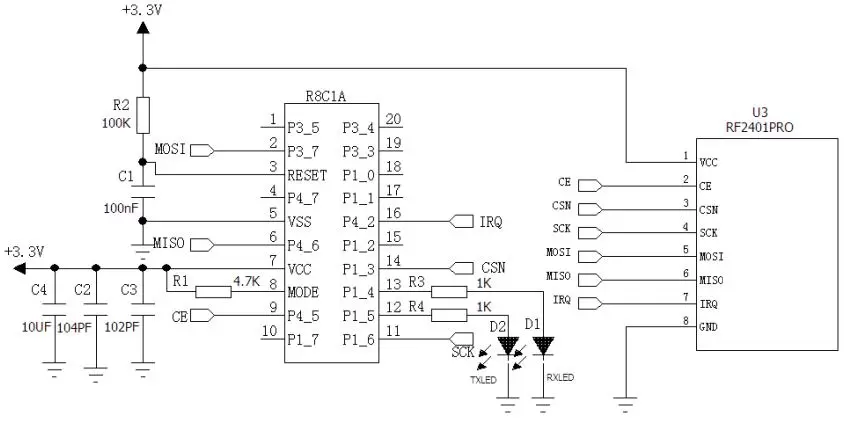 Схема применения радиочастотного модуля 2,4 ГГц RF2401Pro