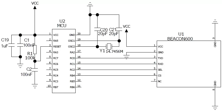 Схема применения встроенного модуля UART-маяка Beacon600