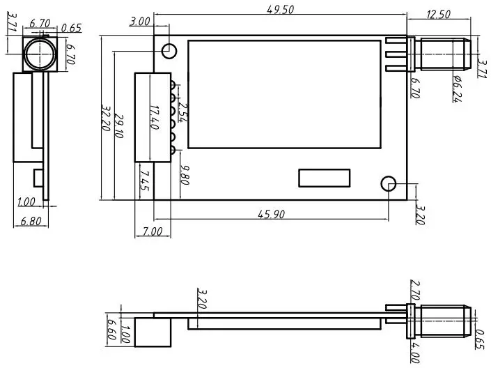 Механические размеры беспроводного UART LoRa модуля LoRaStar611 Механические размеры беспроводного UART LoRa модуля LoRaStar611