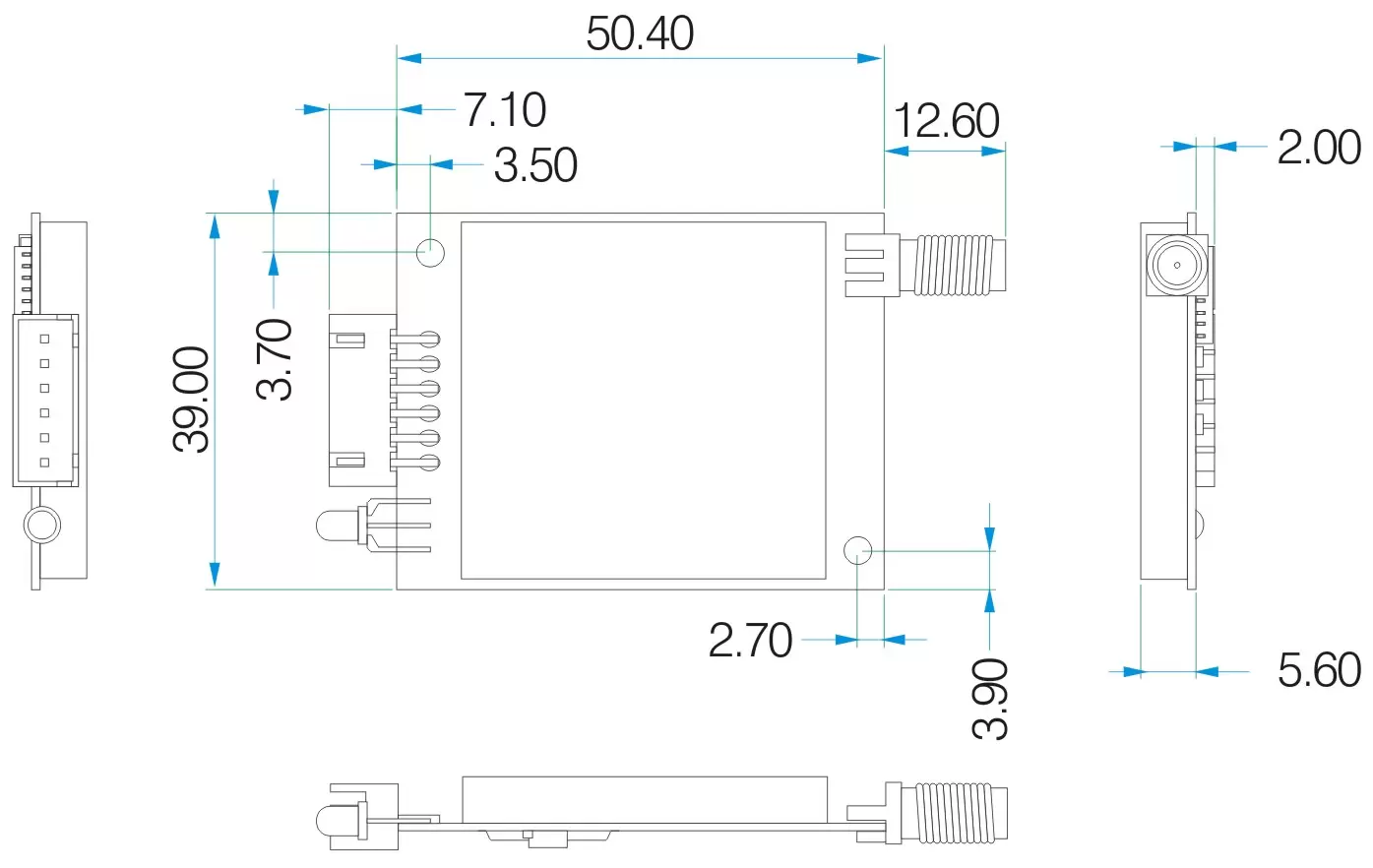 Механические размеры беспроводного UART LoRa модуля LoRaStar6100 Механические размеры беспроводного UART LoRa модуля LoRaStar6100