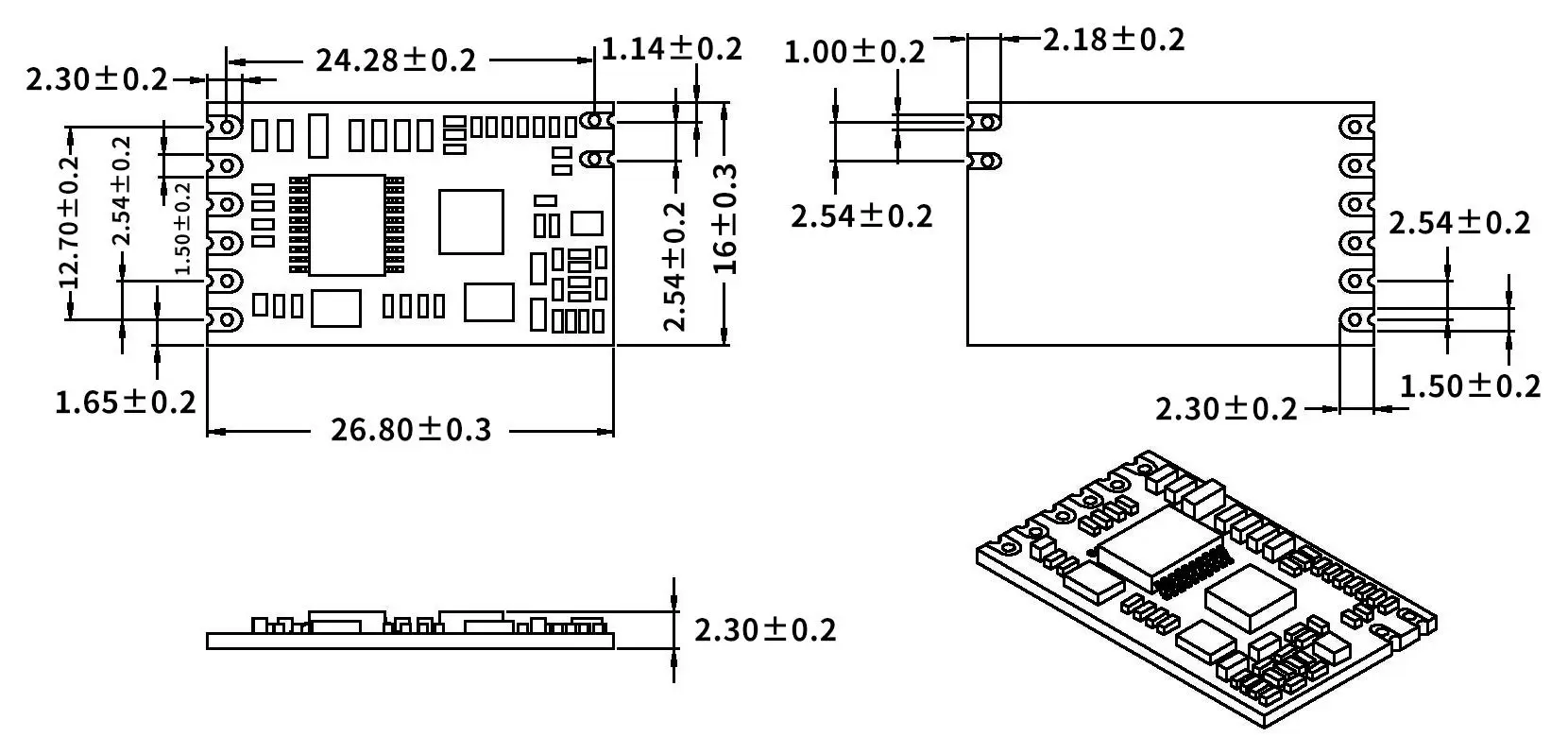 Механические размеры UART RF модуля SV610 Механические размеры UART RF модуля SV610
