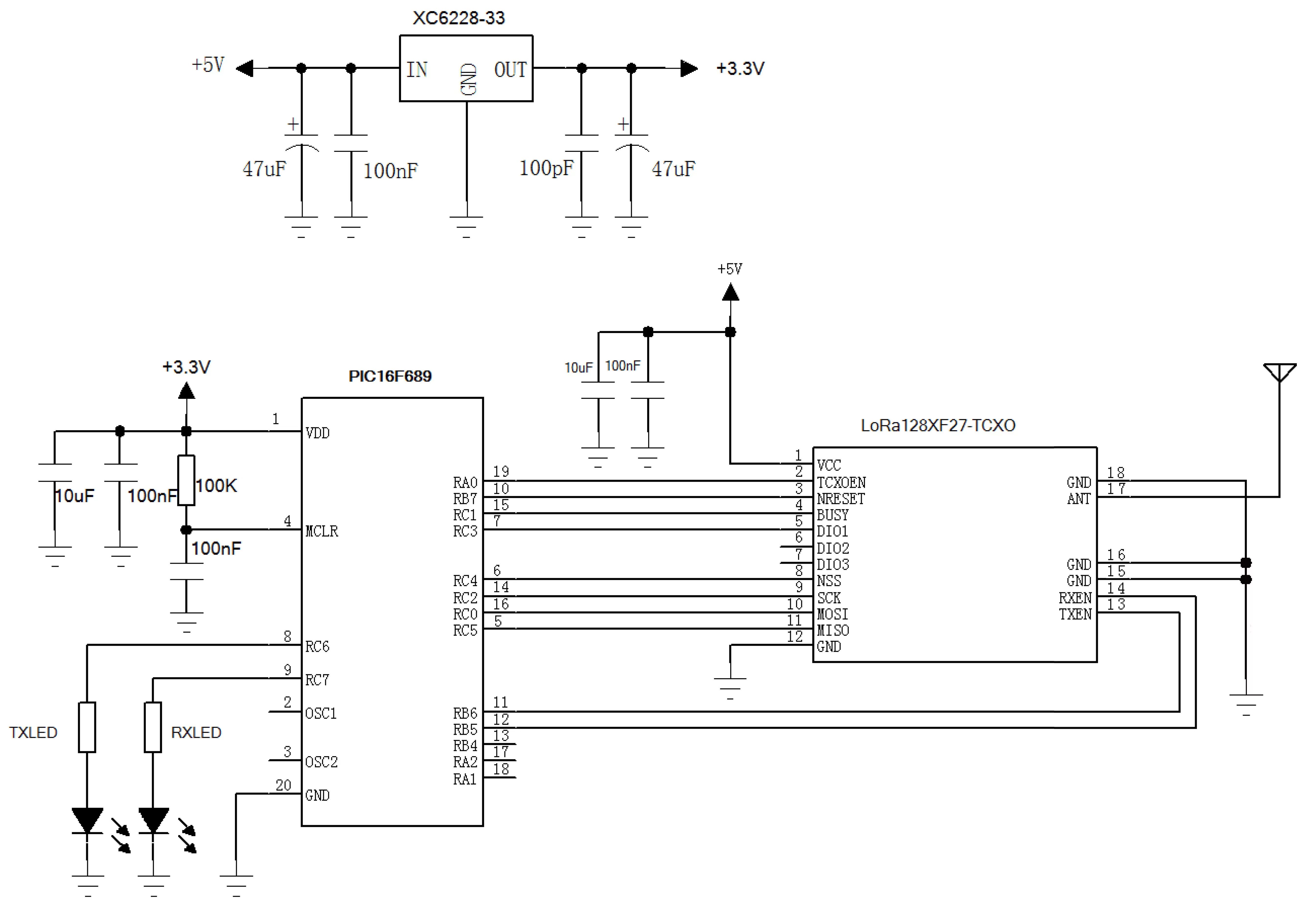 Схема применения беспроводного радиочастотного модуля LoRa1280F27-TCXO Схема применения беспроводного радиочастотного модуля LoRa1280F27-TCXO