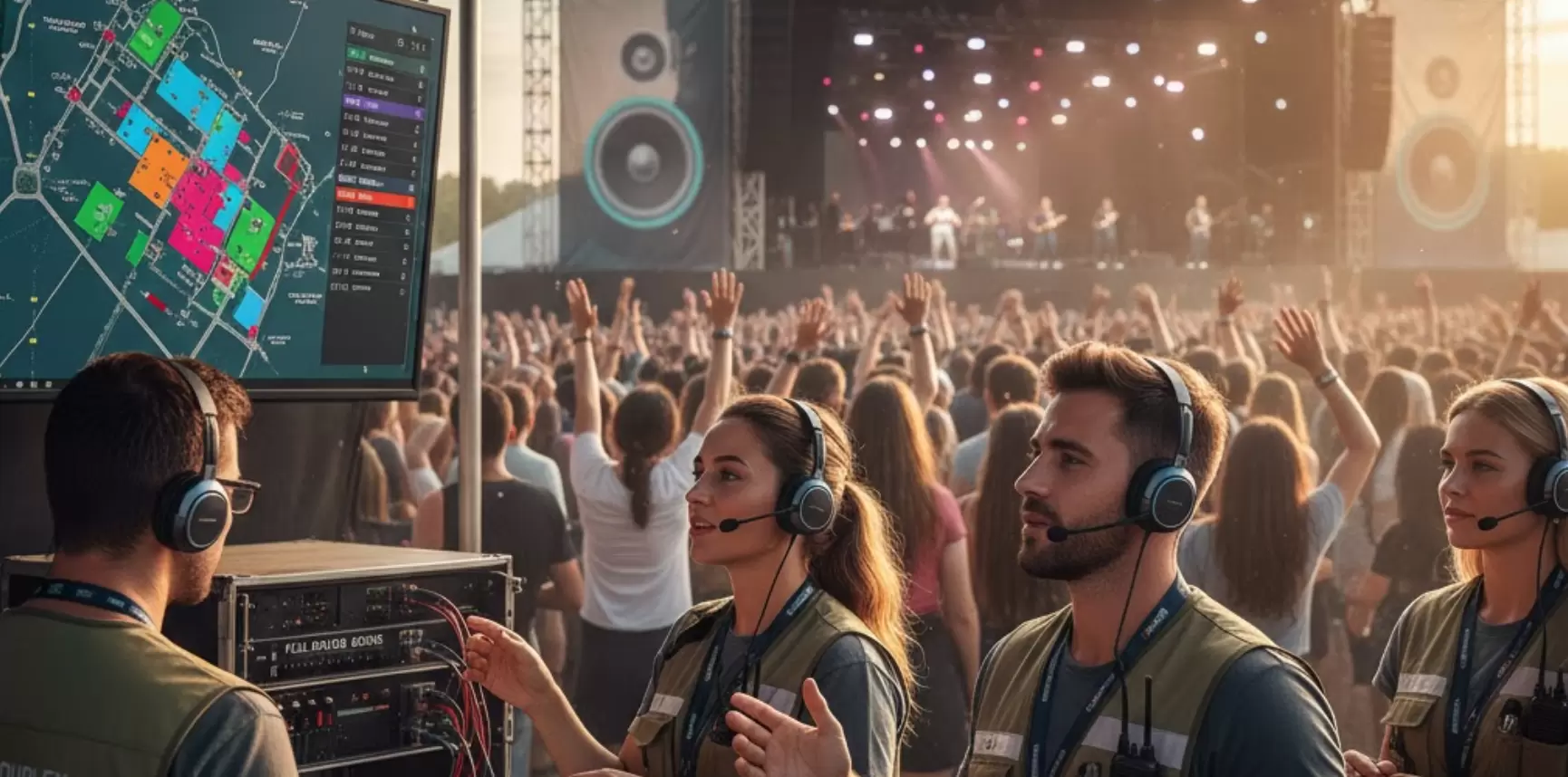 Персонал мероприятия координирует действия на концерте с помощью полнодуплексных гарнитур.