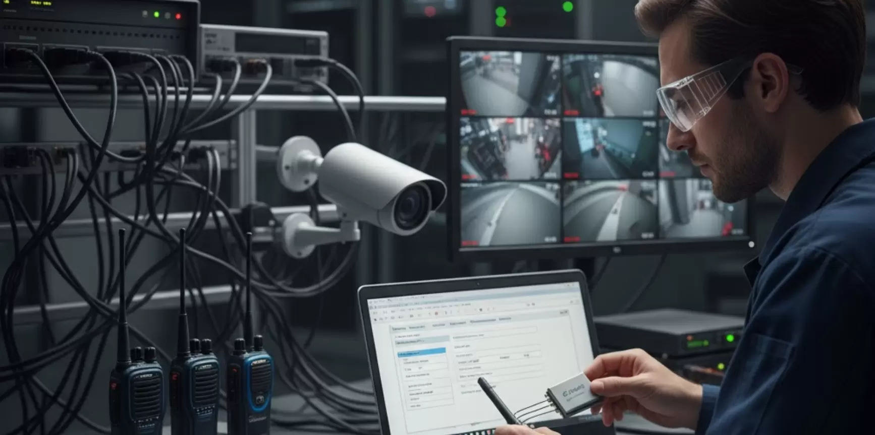 Технический специалист интегрирует полнодуплексные аудиомодули с системой видеонаблюдения.