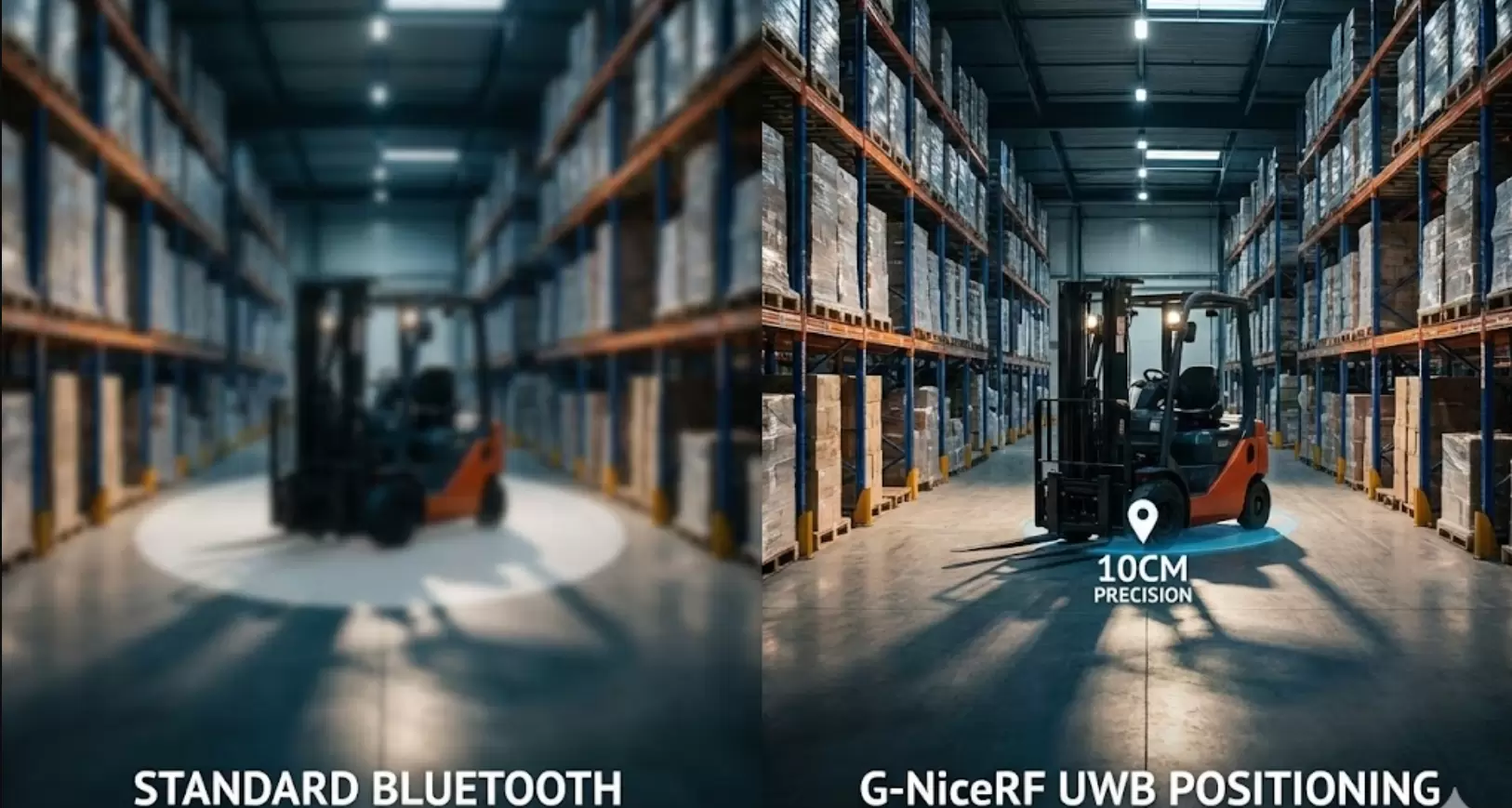 Разделенный экран для сравнения неточного Bluetooth и точного отслеживания G-NiceRF UWB.