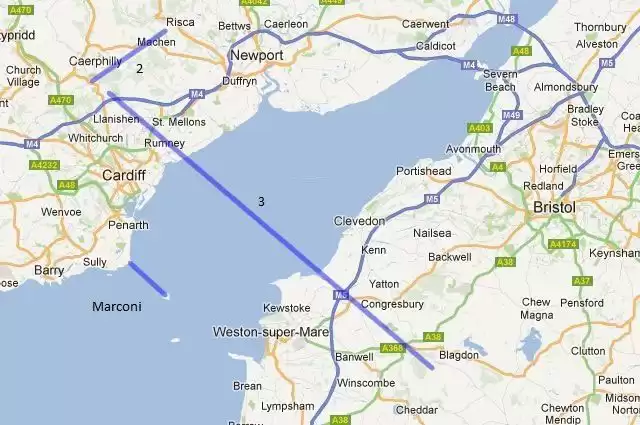 Место проведения 40-километрового теста связи в Кардиффе расположено на севере города (264 метра над уровнем моря), а другой конец 40-километровой линии видимости — Блэк-Даун Мендипса (325 метров над уровнем моря). на другой стороне Бристольского прохода.