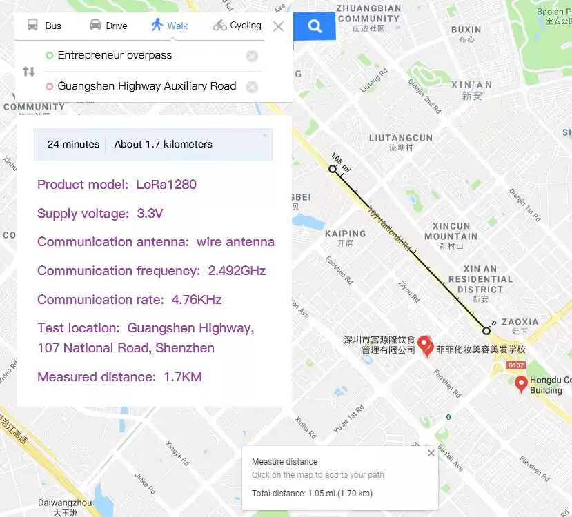 Тест расстояния передачи модуля LoRa1280 2,4 ГГц