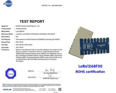 Модуль NiceRF LoRa LoRa1268F30 прошел сертификацию RoHS.