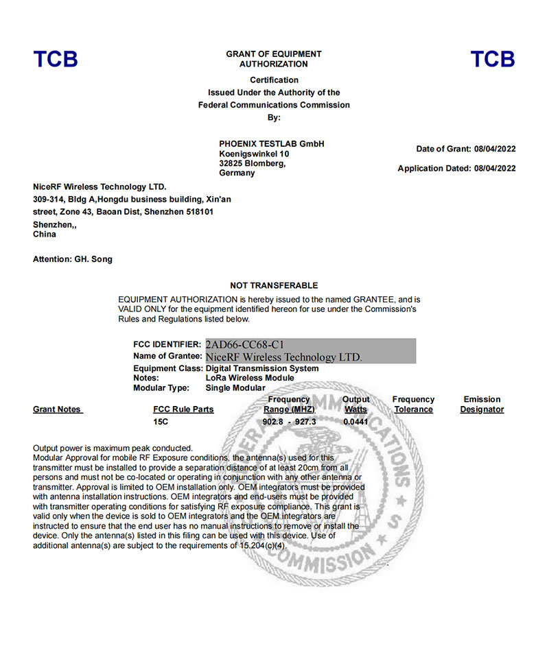 NiceRF получила сертификат FCC ID на свой новый модуль LLCC68 LoRa CC68-C1.