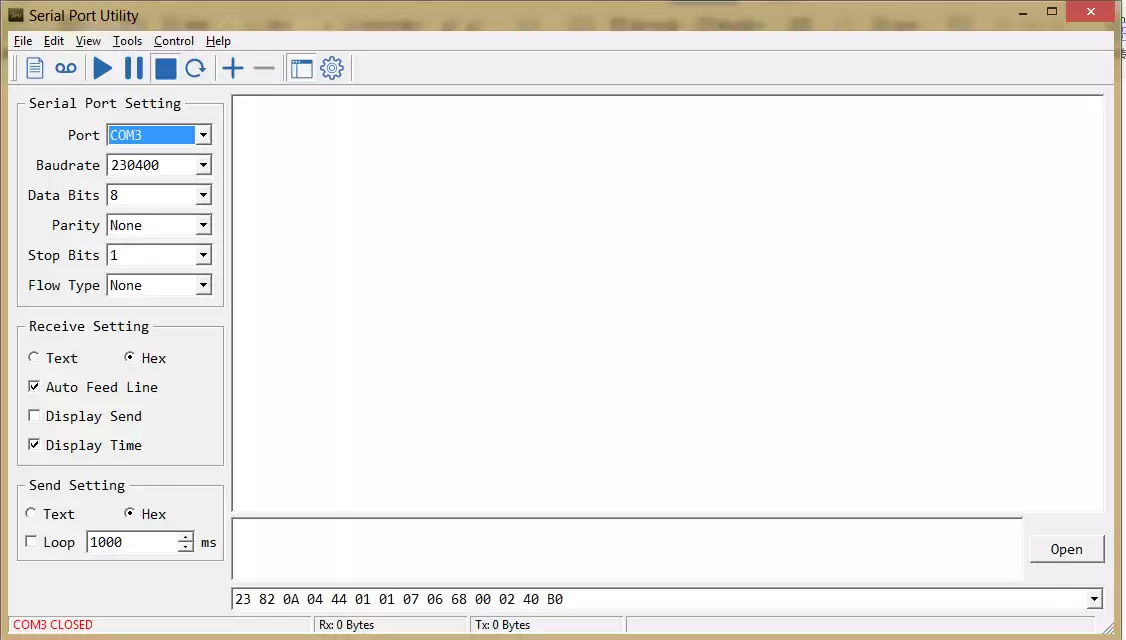 Откройте помощник по серийному номеру и установите серийный номер 230400,8,N,1.
