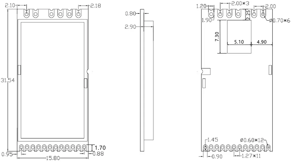 Механические размеры модуля LoRa SX1280 LoRa1280F27