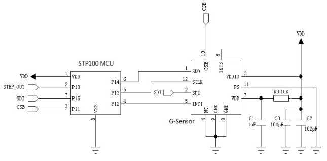 Типовая схема применения микросхемы 3D-шагомера STP100 Типовая схема применения микросхемы 3D-шагомера STP100