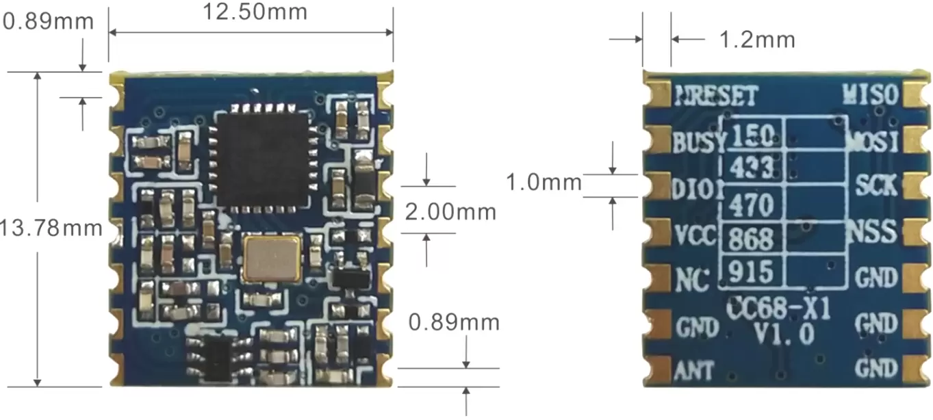 Механические размеры беспроводного модуля LoRa-CC68-X1.