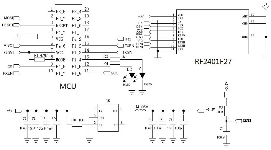 Схема применения беспроводного модуля 2.4G RF2401F27