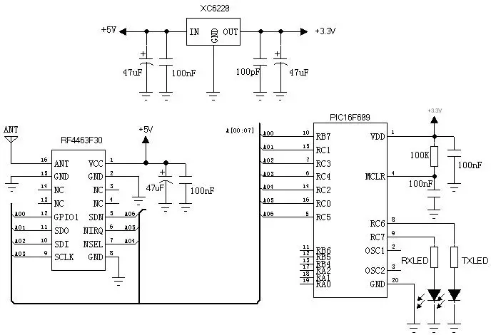 Схема применения 1W Si4463 RF-модуля RF4463F30